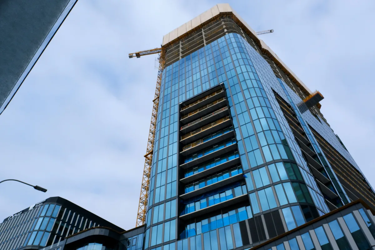 High-rise commercial facade construction progress