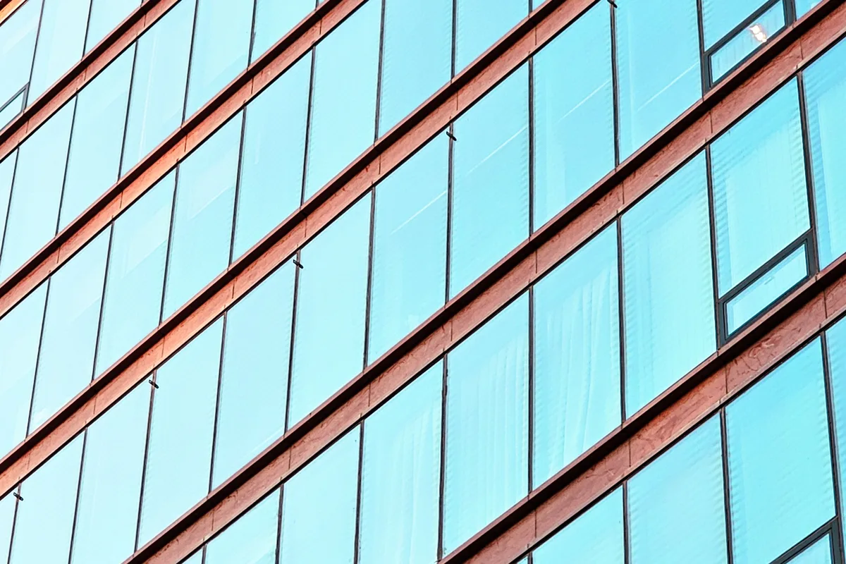Corporate glass facade completion detail